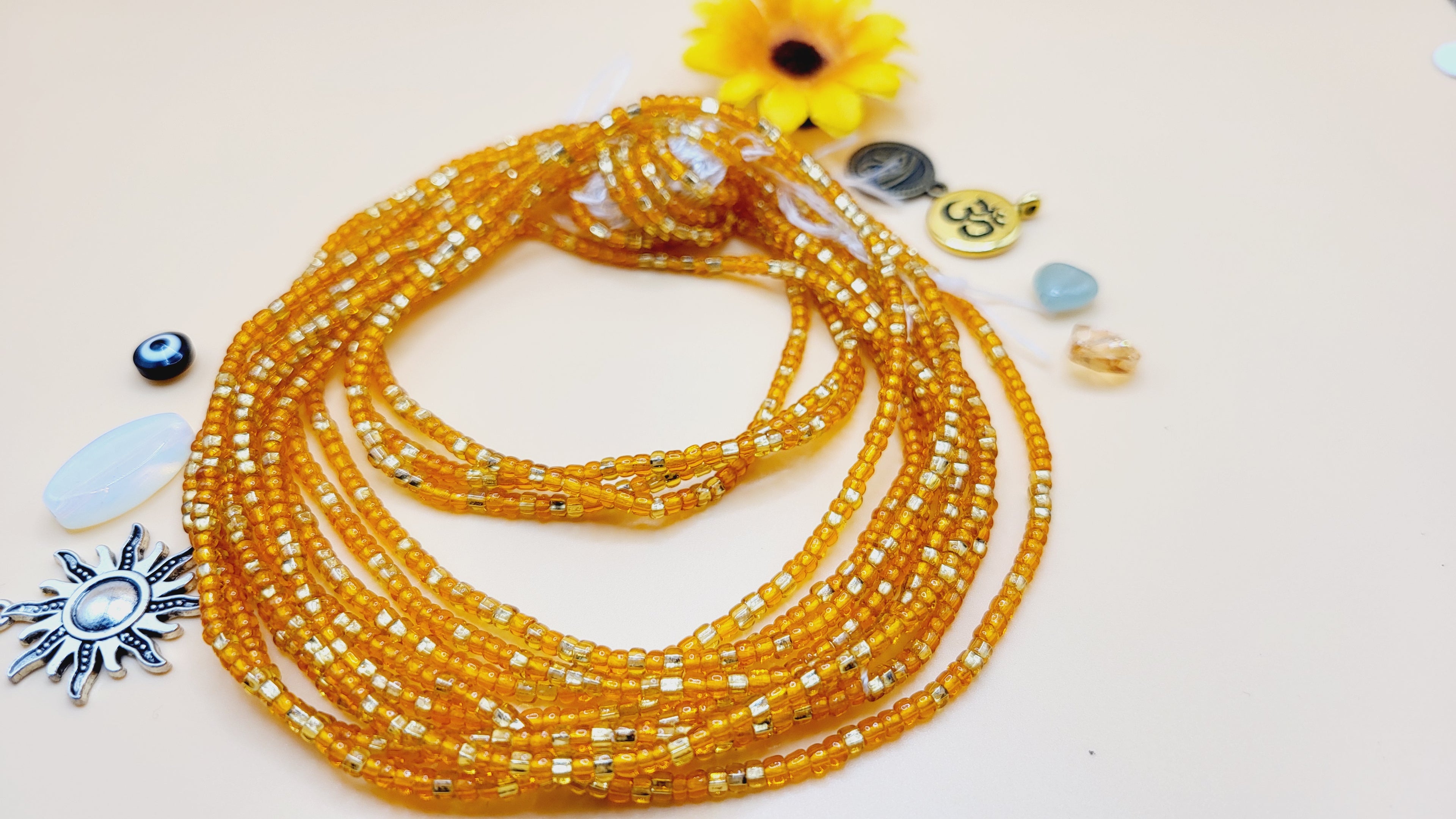 Orange&Gold, Permanent, Tie on, Micro Ghana Glass Waist Beads 2mm