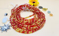 Red&Gold, Permanent, Tie on, Micro Ghana Glass Waist Beads 2mm