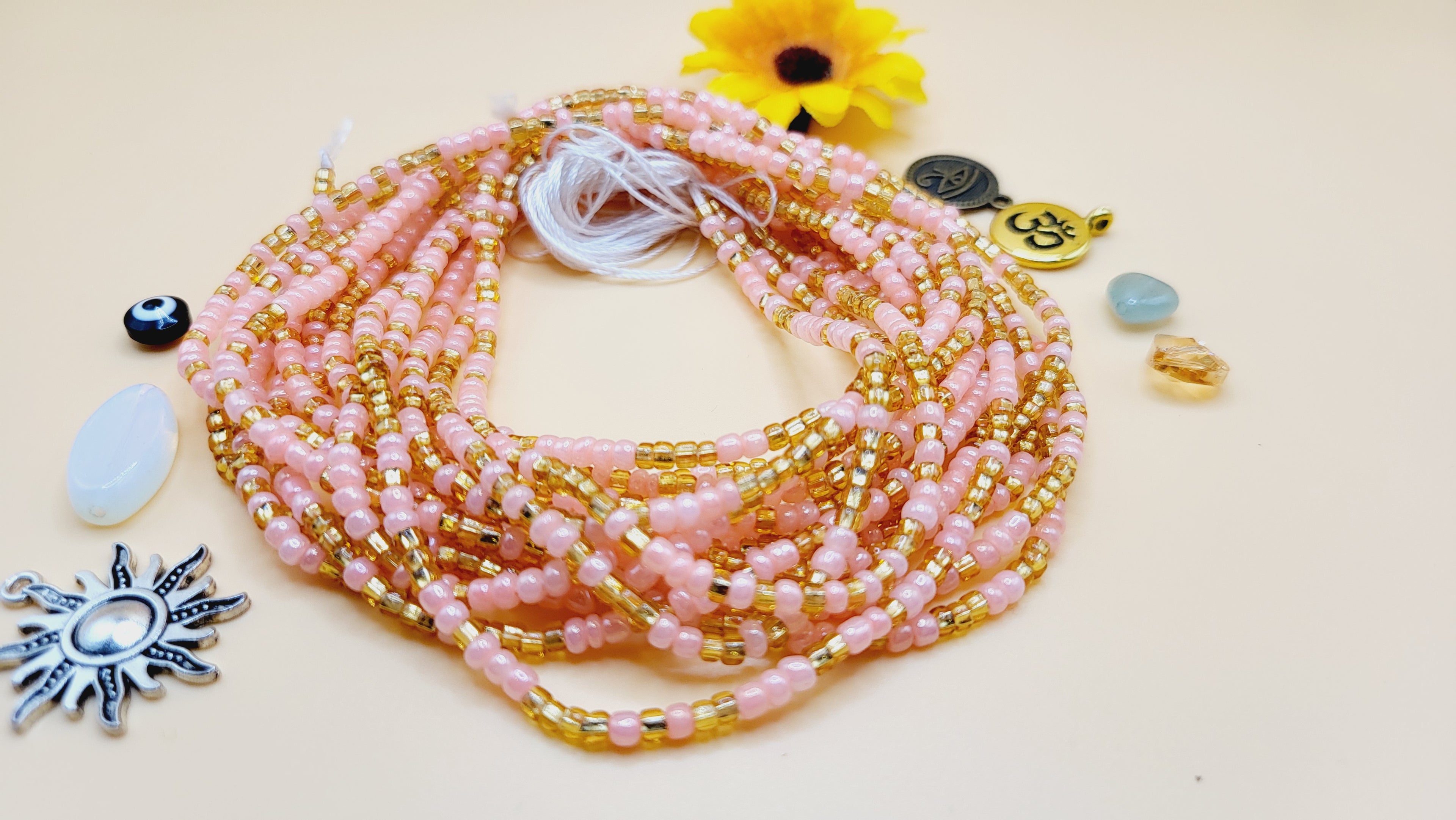 Pink&Gold, Permanent, Tie on, Micro Ghana Glass Waist Beads 2mm