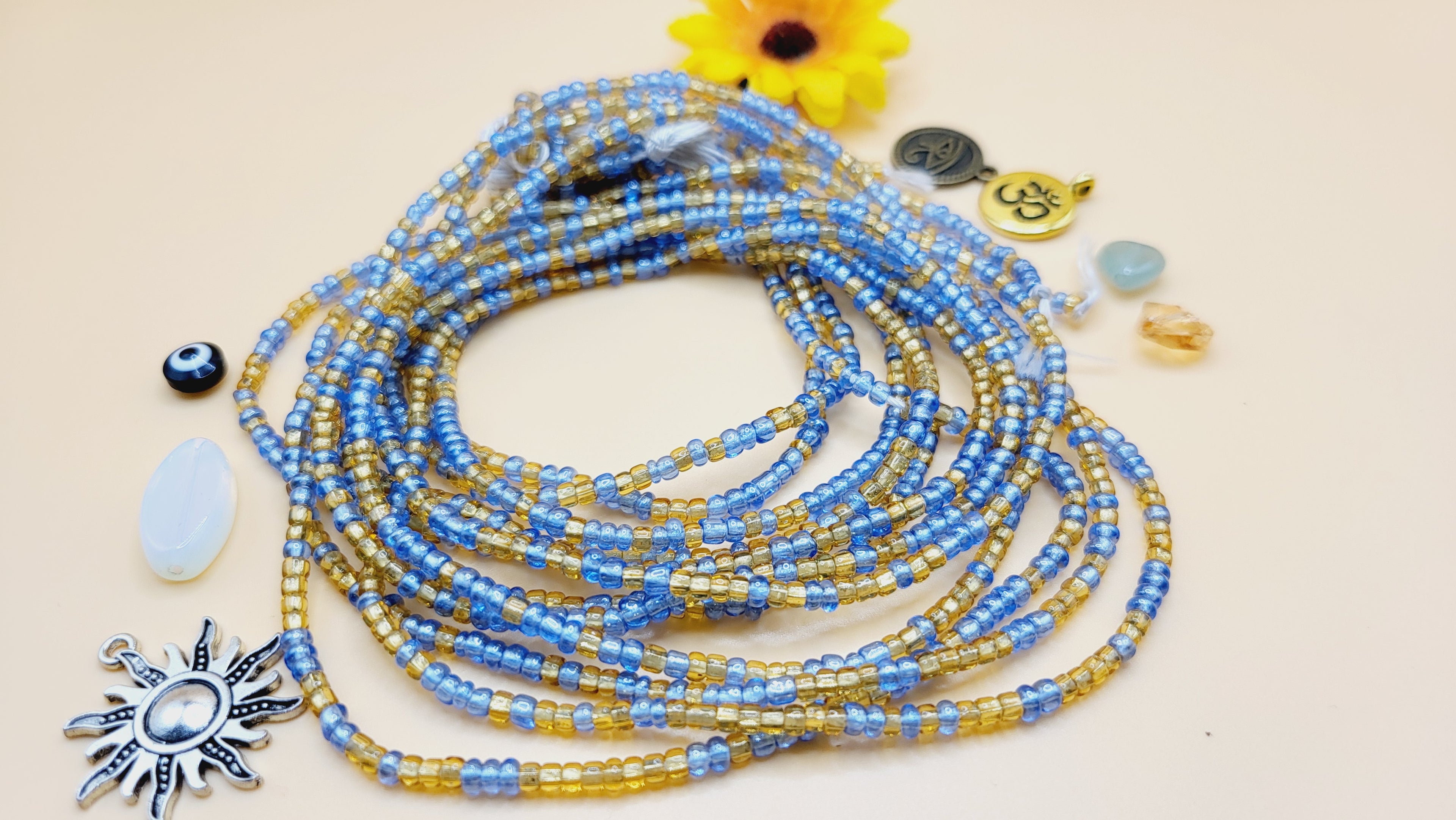 azure&Gold, Permanent, Tie on, Micro Ghana Glass Waist Beads 2mm