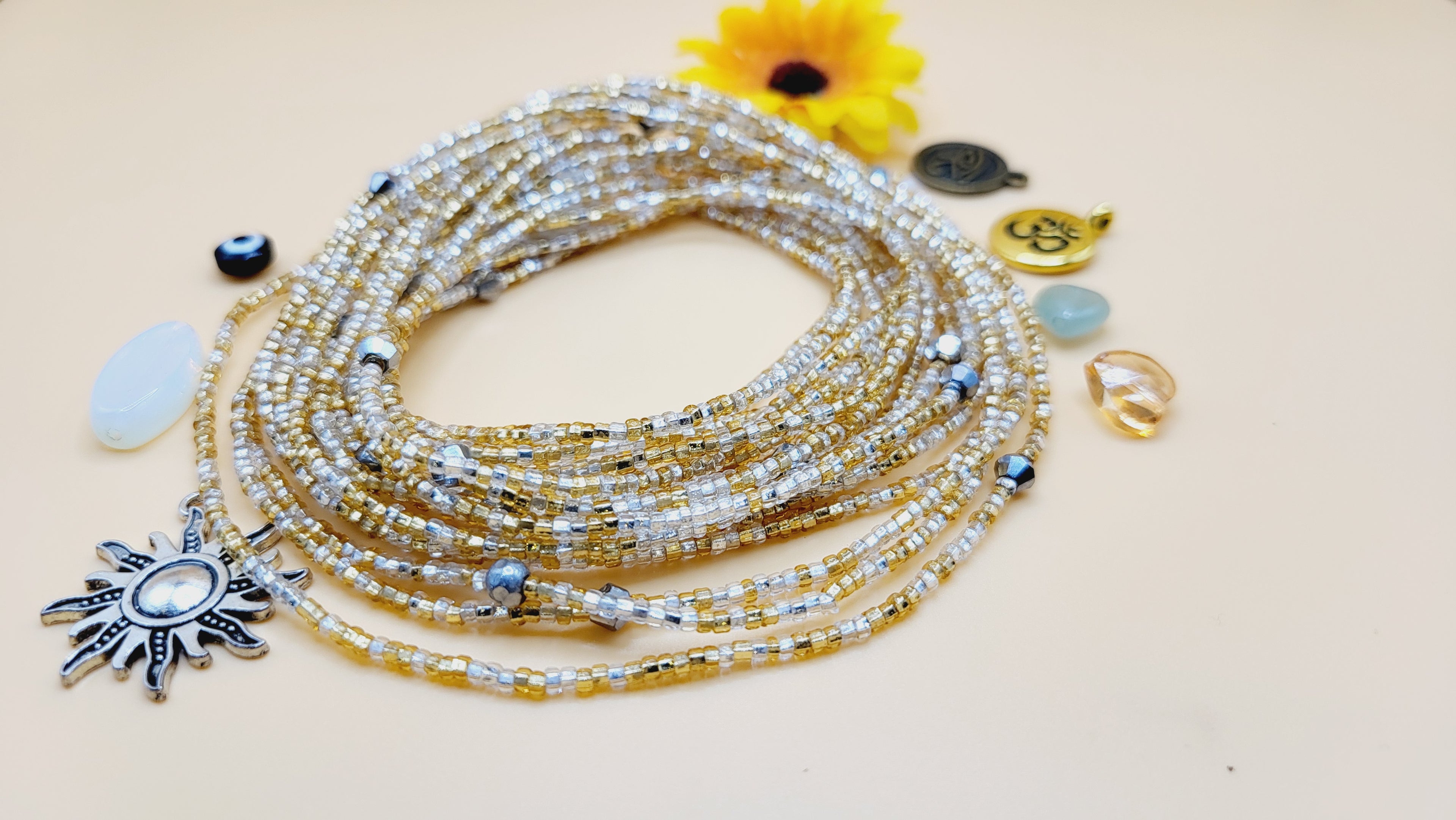 Silver&Gold, Permanent, Tie on, Micro Ghana Glass Waist Beads 2mm