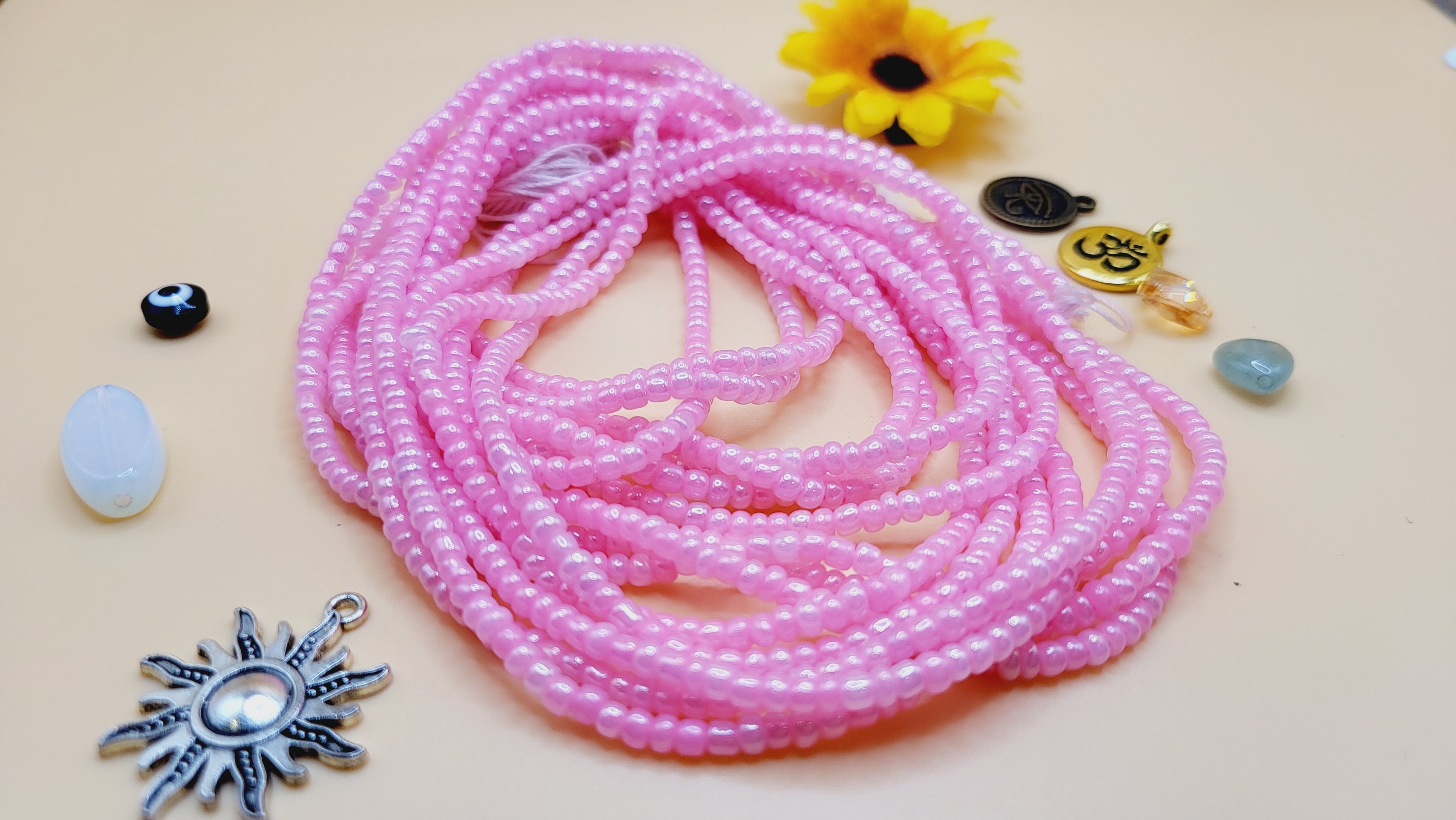 Pink, Permanent, Tie on, Micro Ghana Glass Waist Beads 2mm