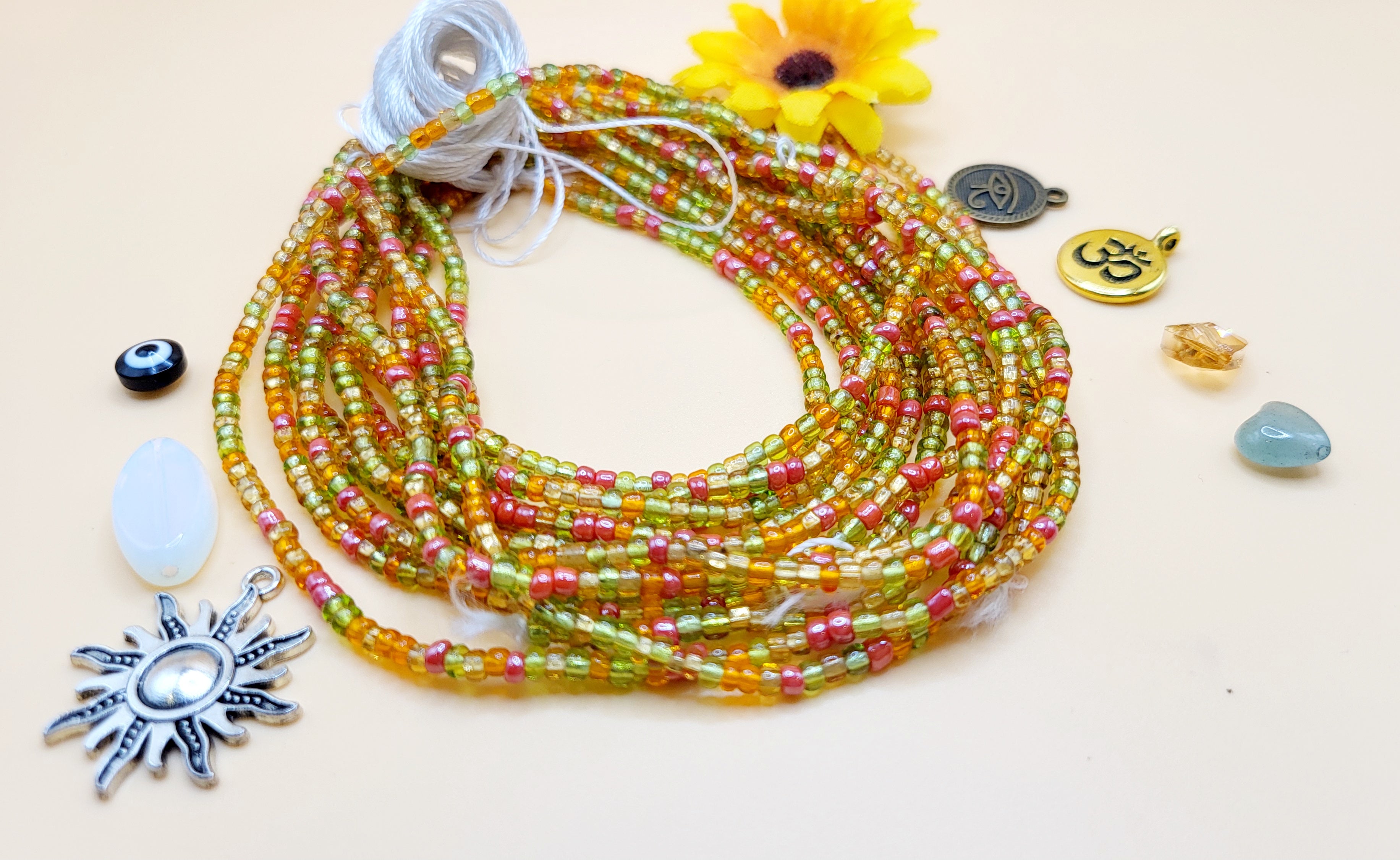 West Africa Queen Multicolor, Permanent, Tie on, Micro Ghana Glass Waist Beads 2mm