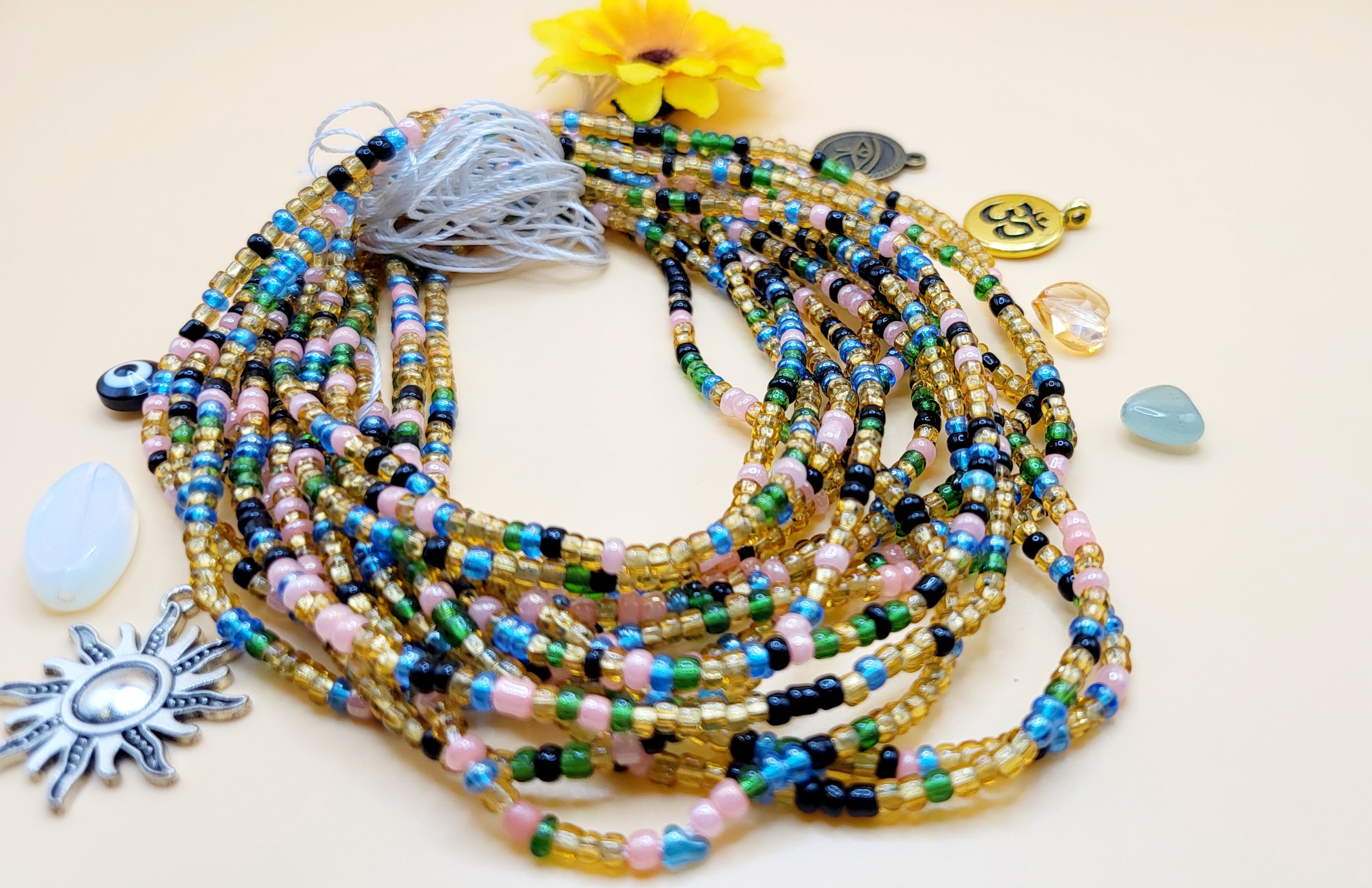 Morroccan Queen Multicolor, Permanent, Tie on, Micro Ghana Glass Waist Beads 2mm