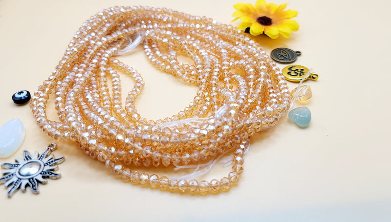 Champagne Rhinestone, Permanent, Tie-On, Medium Ghana Glass Waist Beads 4mm