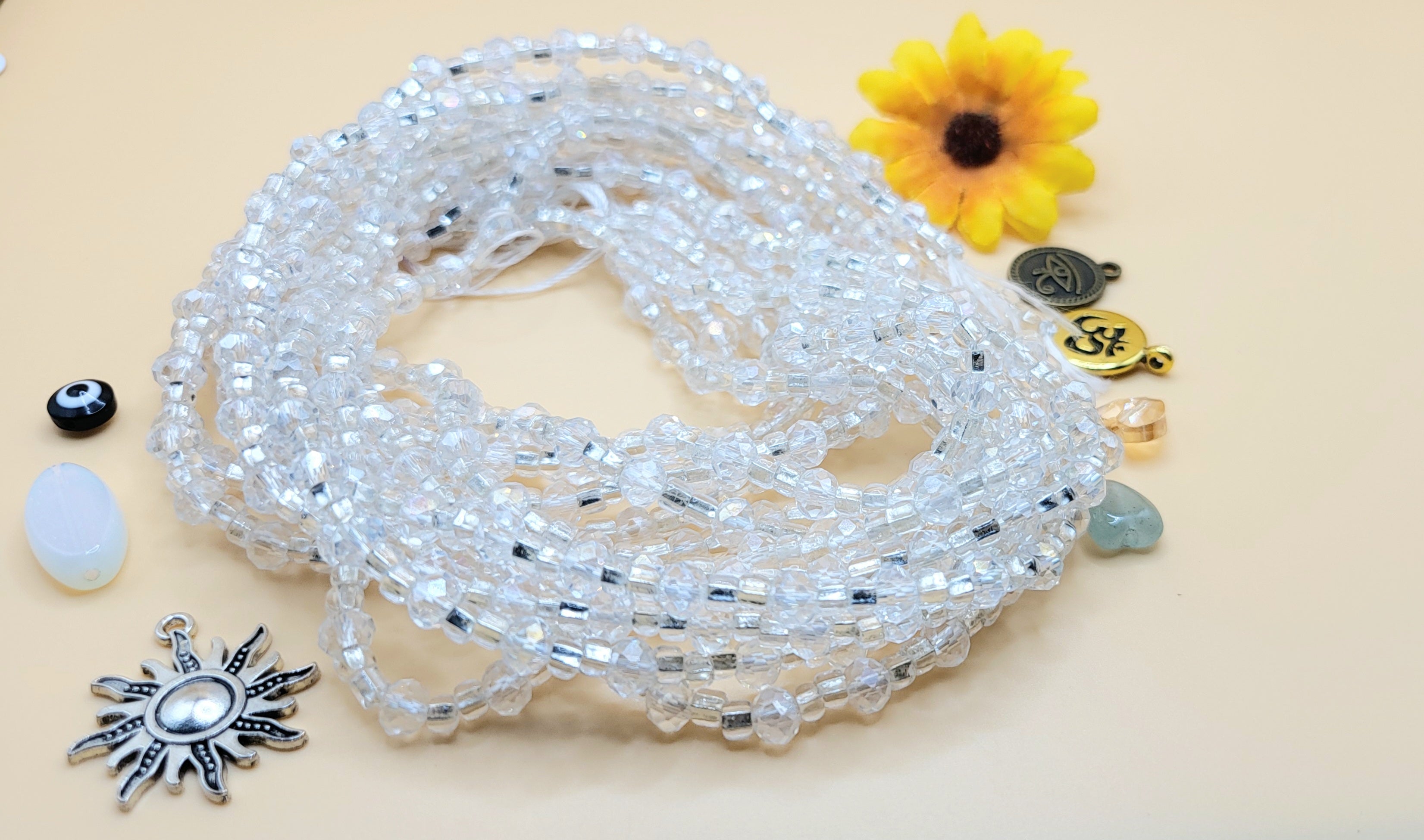 Crystal Rhinestone, Permanent, Tie-On, Medium Ghana Glass Waist Beads 8mm & 4mm