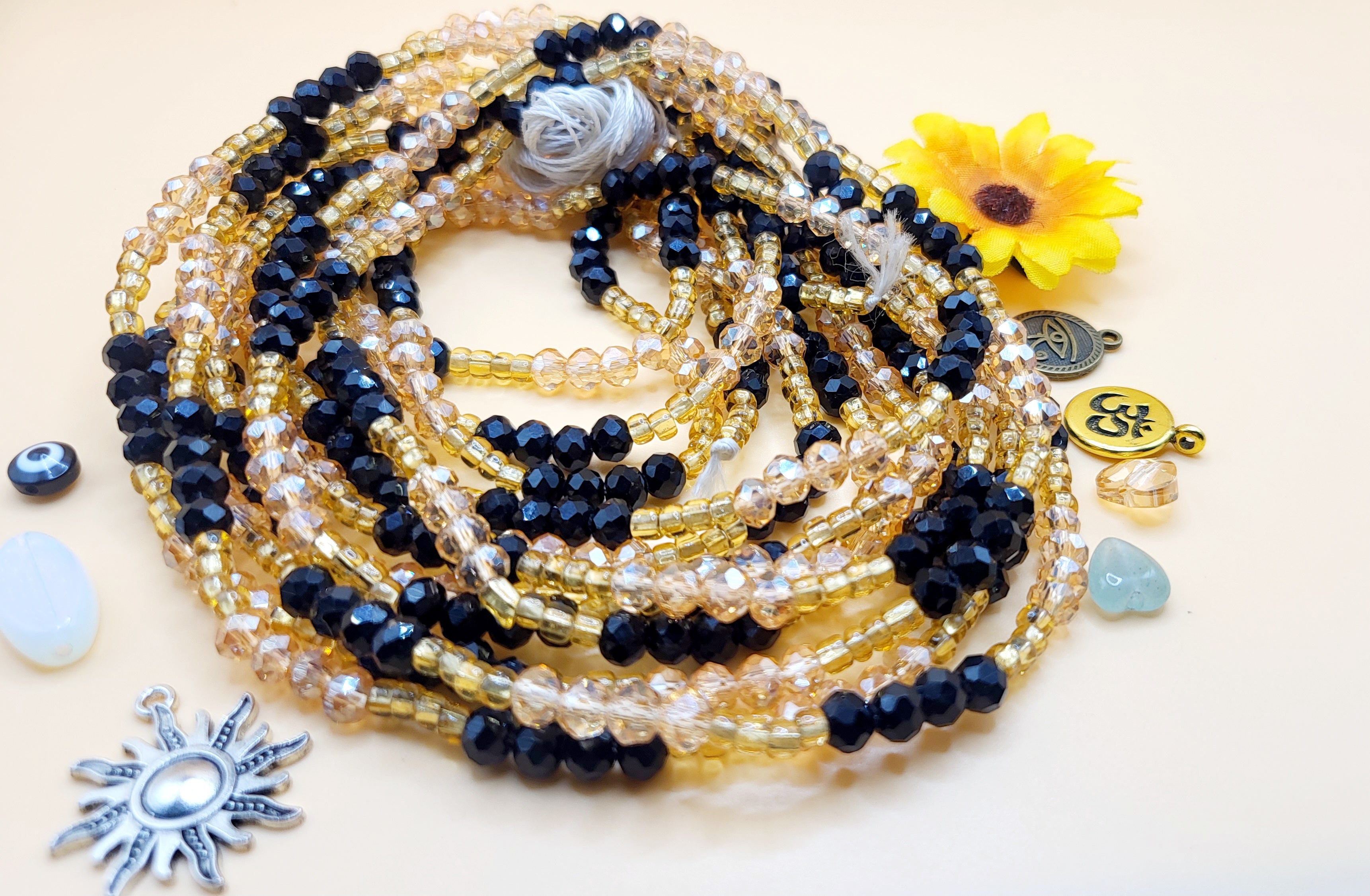 Black&Gold Rhinestone, Permanent, Tie-On, Medium Ghana Glass Waist Beads 8mm & 4mm