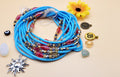 Sky Blue Accented Rhinestone, Permanent, Tie-On, Medium Ghana Glass Waist Beads 4mm