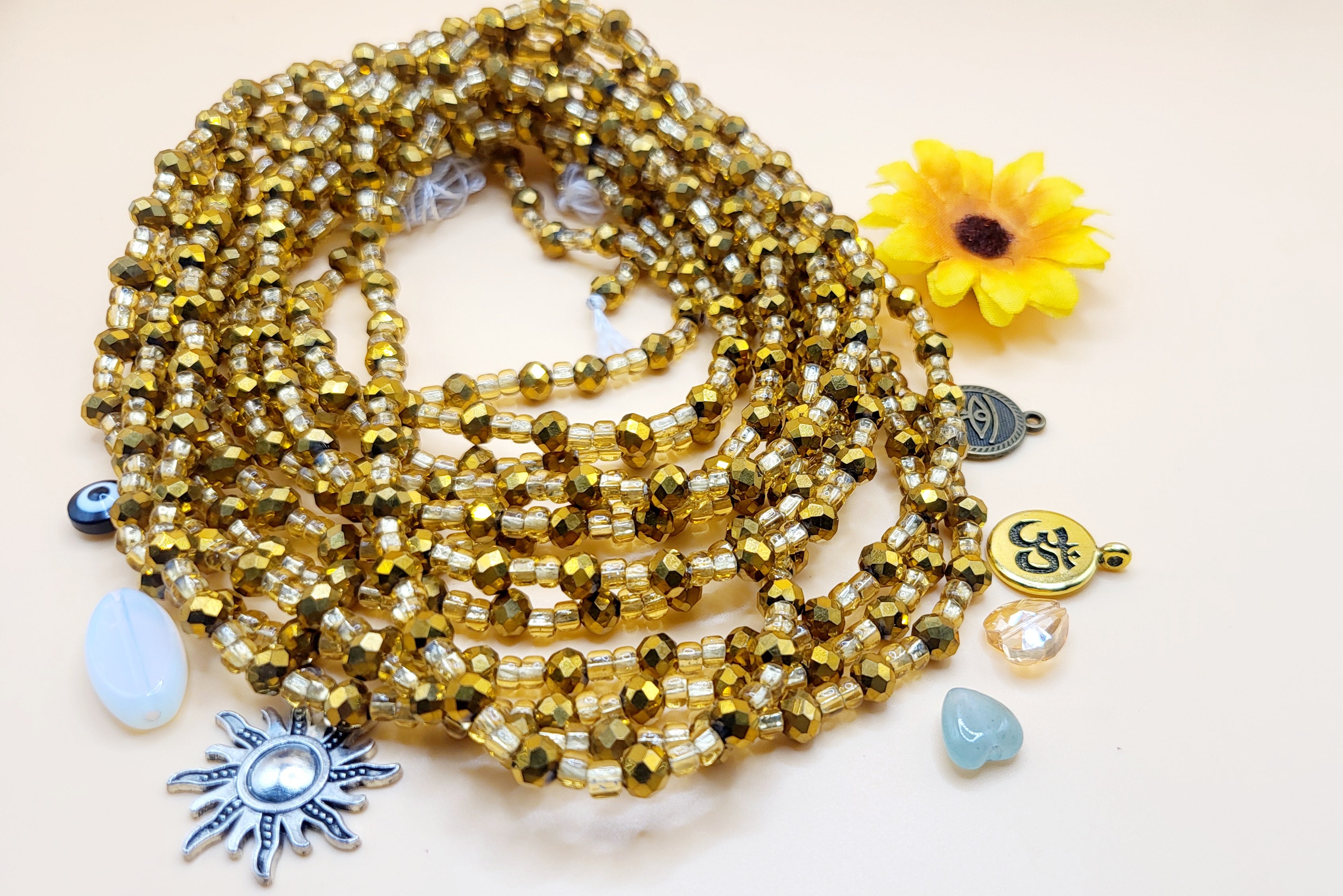 Gold Rhinestone, Permanent, Tie-On, Medium Ghana Glass Waist Beads 8mm & 4mm