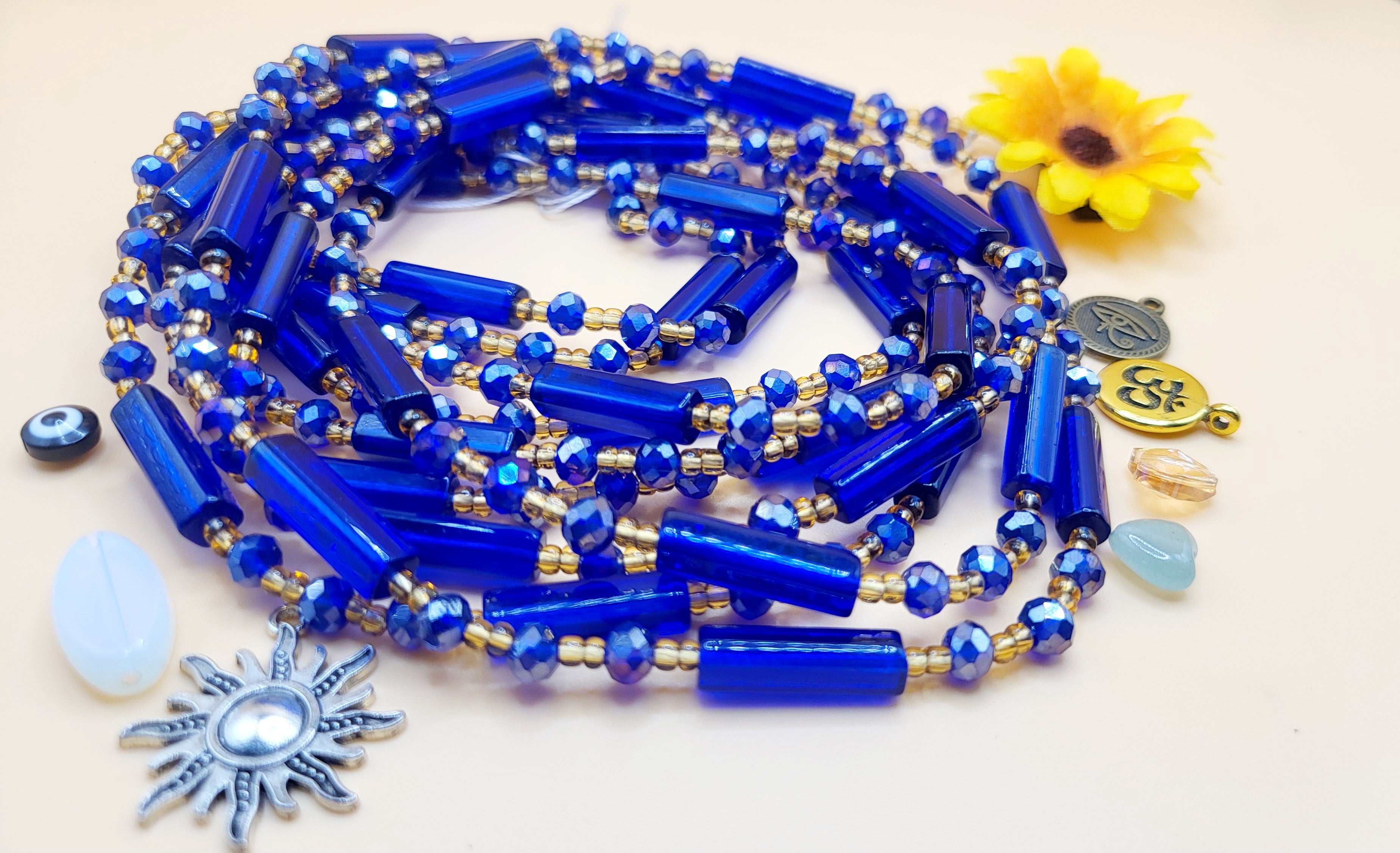 Azure Gold Rhinestone, Permanent, Tie-On, Medium Ghana Glass Waist Beads 8mm & 4mm