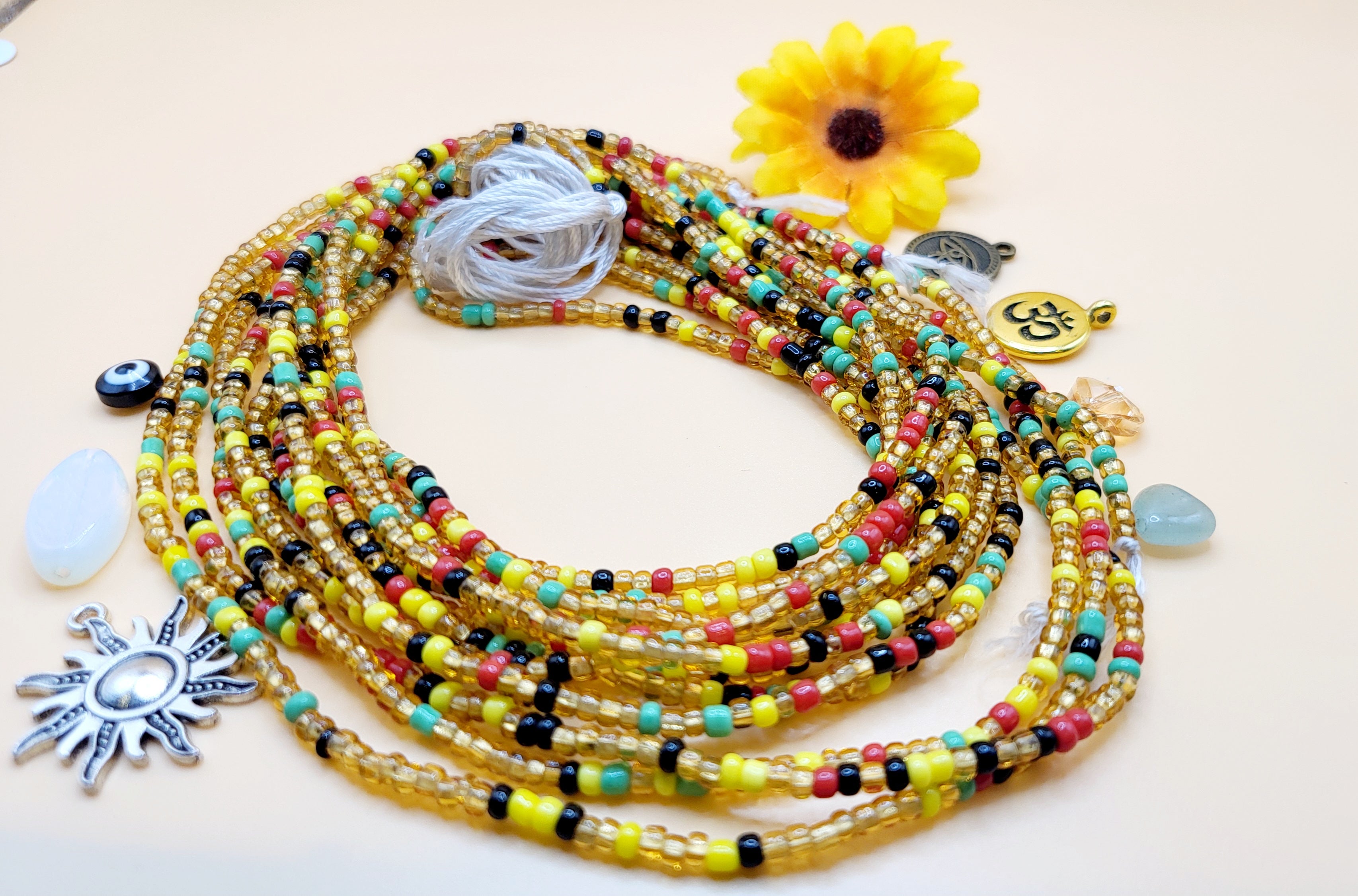 Carribean Queen Multicolor, Permanent, Tie on, Micro Ghana Glass Waist Beads 2mm