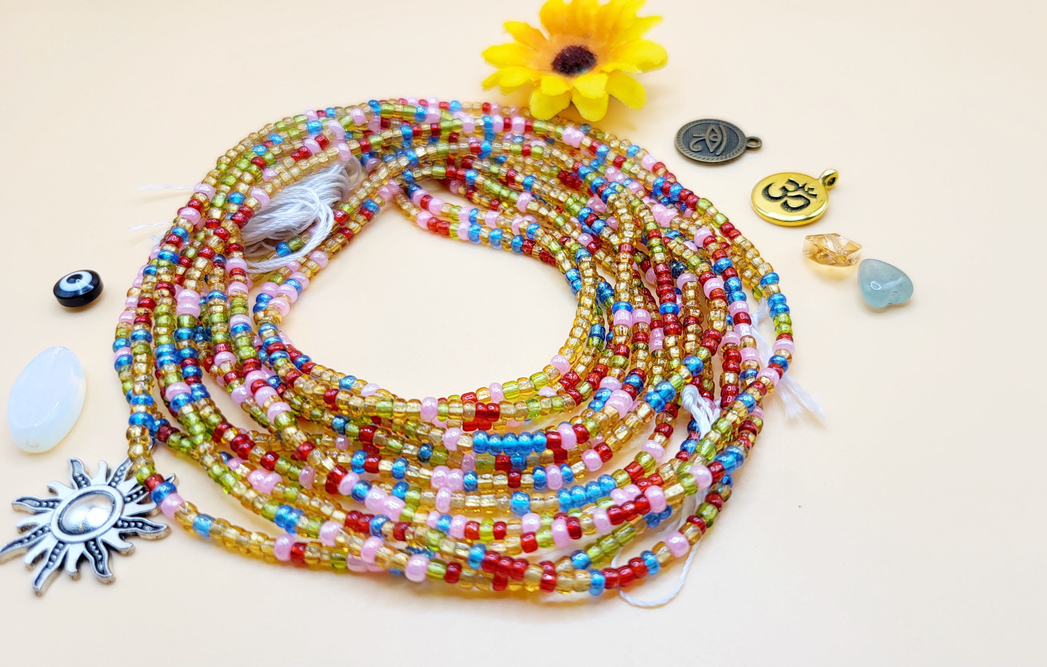 South African Queen Multicolor, Permanent, Tie on, Micro Ghana Glass Waist Beads 2mm
