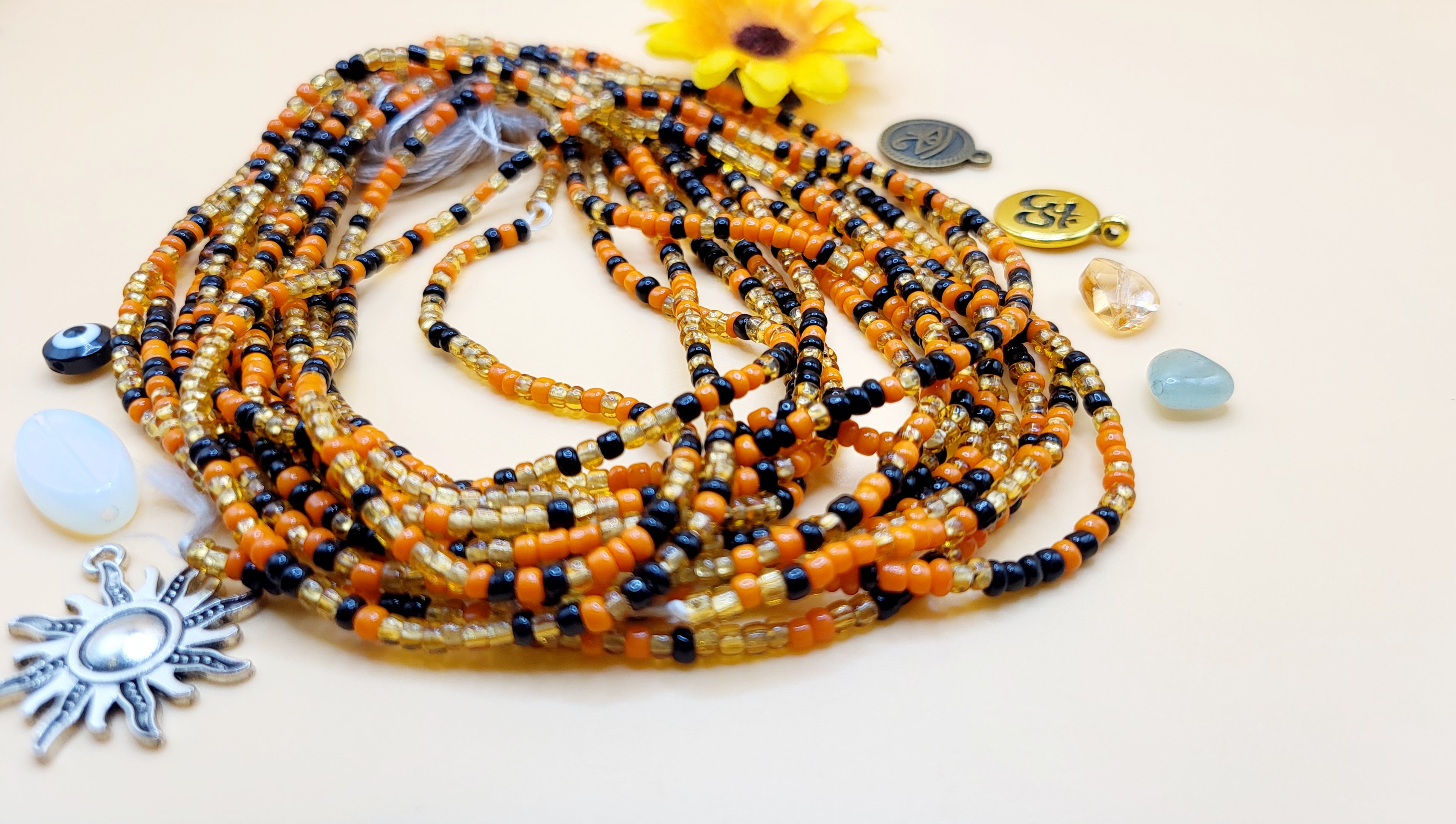 Terra Cota Multicolor, Permanent, Tie on, Micro Ghana Glass Waist Beads 2mm