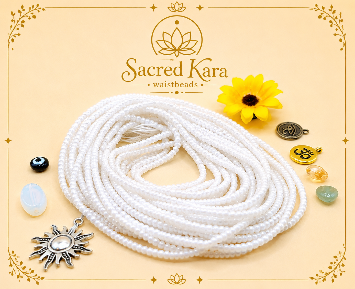 White, Permanent, Tie on, Micro Ghana Glass Waist Beads 2mm
