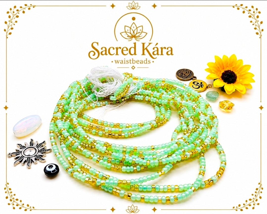 Mint&Gold, Permanent, Tie on, Micro Ghana Glass Waist Beads 2mm